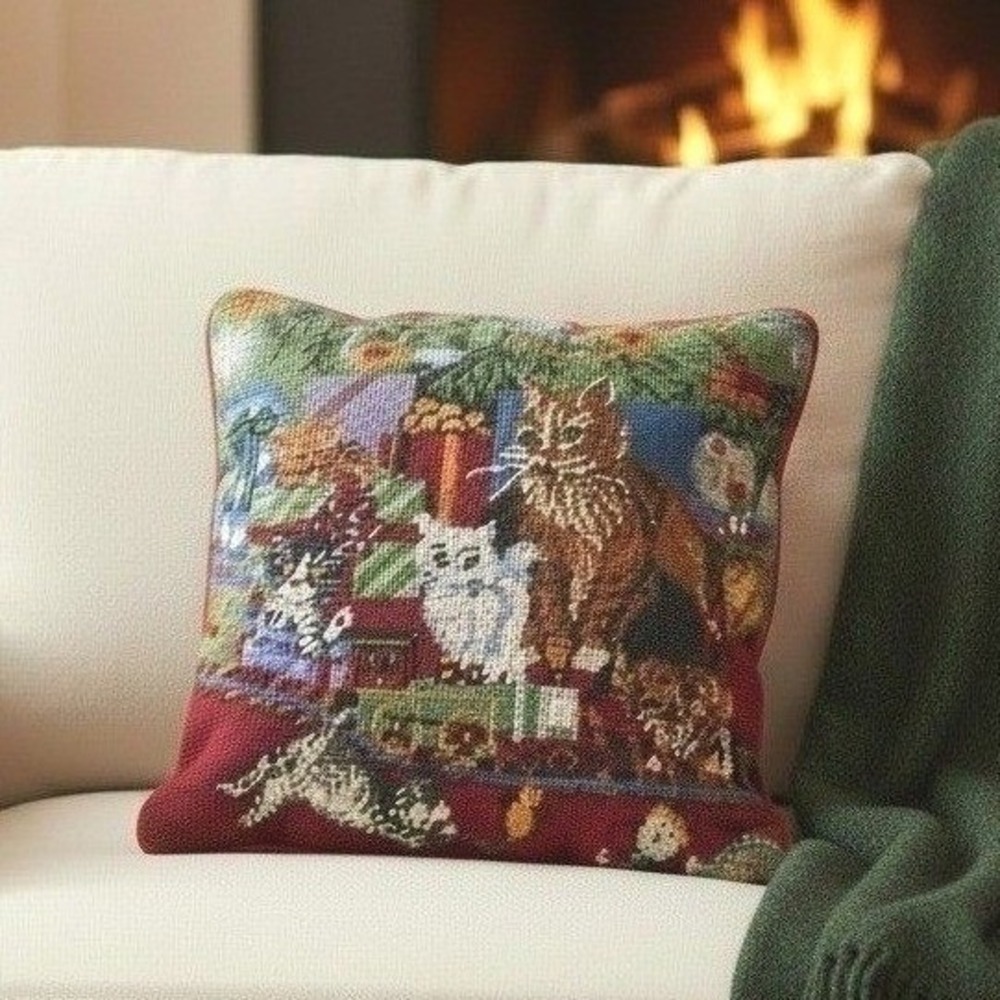 Vintage Christmas Cats Needlepoint Throw Pillow, Red Velvet Back Holiday Decor